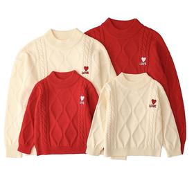 网红亲子装红色毛衣一家三口四口童装情侣装红色过年装喜庆家庭装_HLY