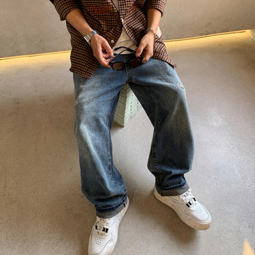 徐太浪宽松直筒阔腿牛仔裤男美式街头水洗长裤高街复古hiphop裤子 商品图0