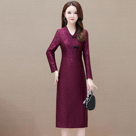 国风优雅，印花中长款时尚新款V领长袖洋气通勤A字裙QYM-XQD-53B73-L 商品图0