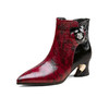OLDD20-23 漆皮短靴粗跟尖头水钻红色短筒女靴春秋单靴酒红色时尚高跟马丁靴 商品缩略图4
