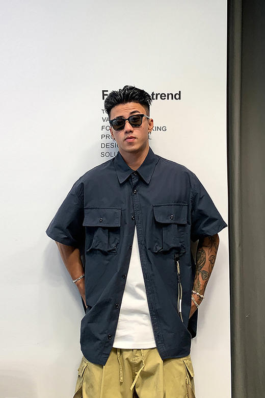 徐太浪美式休闲拼接口袋短袖衬衫男夏季潮牌宽松半袖男士衬衣外套 商品图5