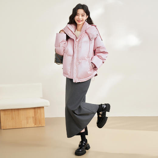西遇粉色立领连帽羽绒服女秋冬新款小个子韩系加厚短款外套D2438585 商品图1