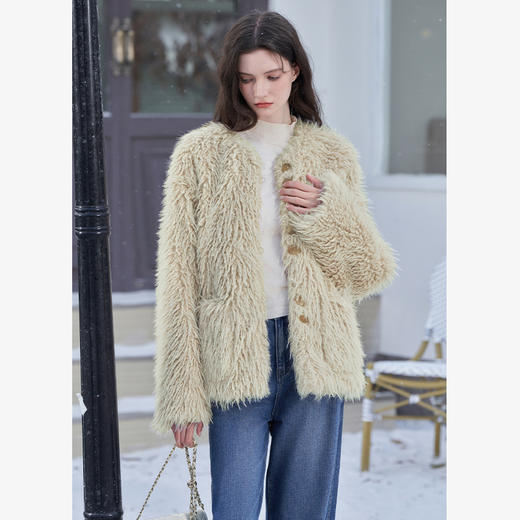 西遇杏色皮毛一体皮草外套秋冬新款韩系气质名媛宽松毛毛外套12432633 商品图0