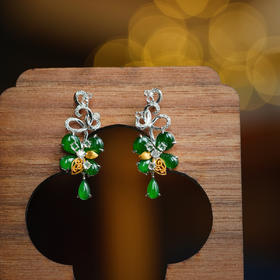 龢盒原创 18k金镶翡翠伴钻四叶草耳环