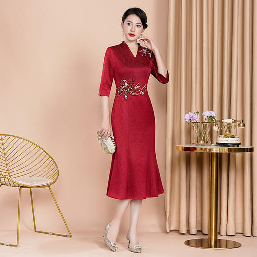 改良版年轻款复古红色旗袍礼服高端连衣裙WX-88339 商品图2