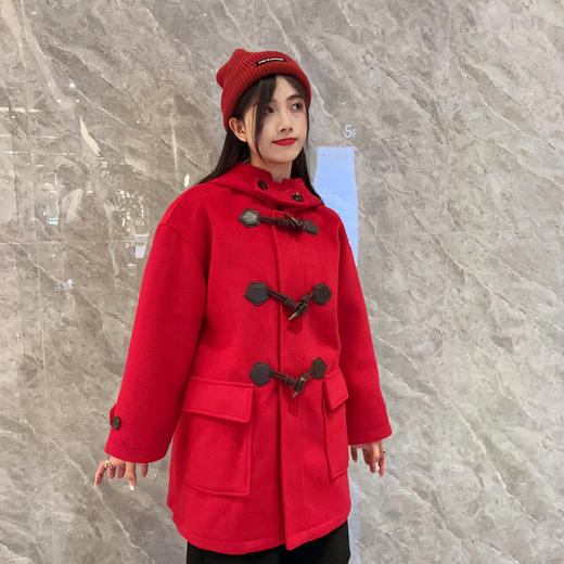 17WS连帽牛角扣百搭夹棉呢绒中外套31023（黑红） 冬季 307154032105 商品图0