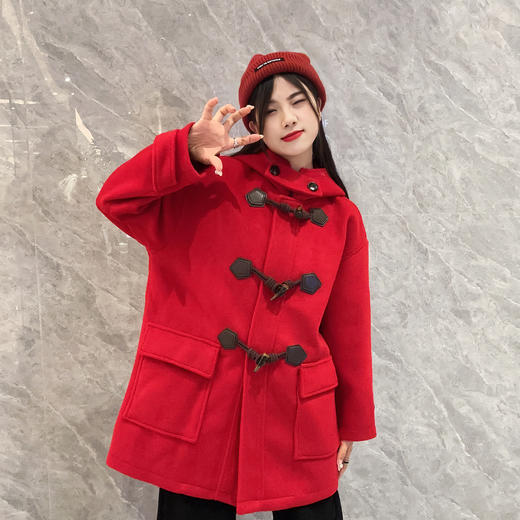 17WS连帽牛角扣百搭夹棉呢绒中外套31023（黑红） 冬季 307154032105 商品图1