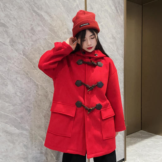 17WS连帽牛角扣百搭夹棉呢绒中外套31023（黑红） 冬季 307154032105 商品图3