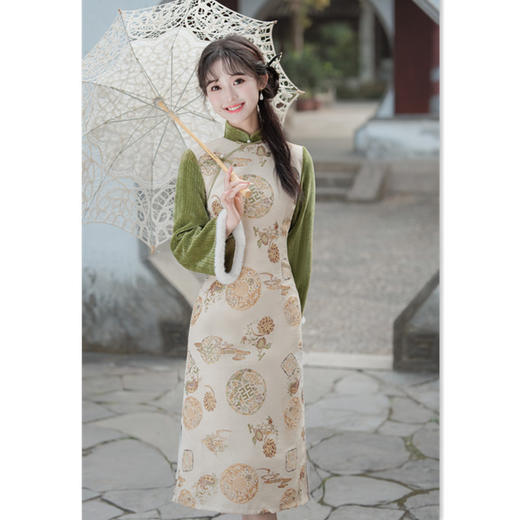 雪尼尔加绒倒大袖拼接时尚改良新中式少女旗袍GX-35535 商品图2