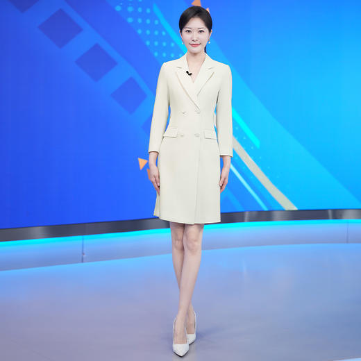 IWY/淡黄色播音艺考主持人正装女双排扣西装连衣裙七分袖上镜装olQ973 商品图2