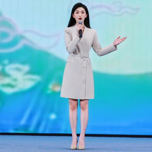 IWY/灰白色V领职业西装连衣裙女气质修身演讲主持人正装工作服Q13323 商品图1