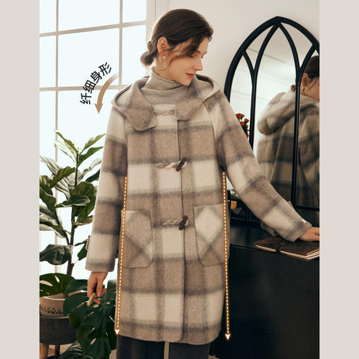 欧芮儿格纹牛角扣连帽双面呢外套复古学院风 商品图1