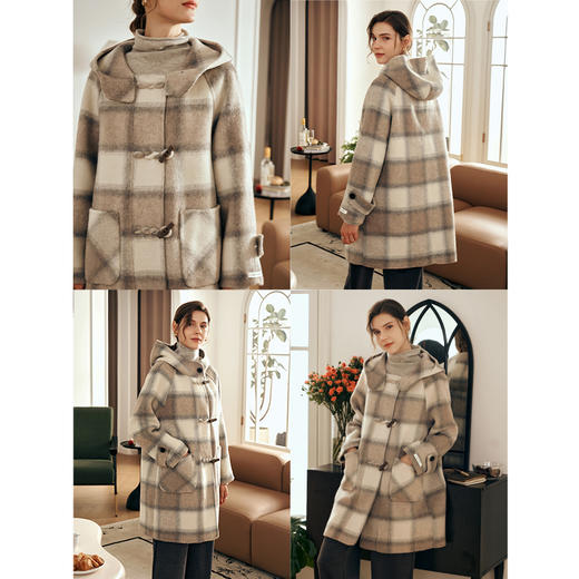 欧芮儿格纹牛角扣连帽双面呢外套复古学院风 商品图2