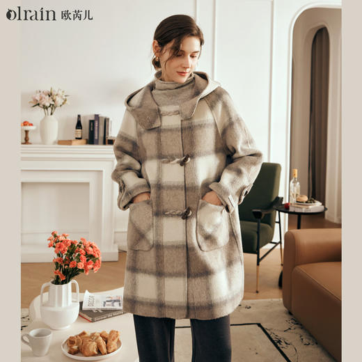 欧芮儿格纹牛角扣连帽双面呢外套复古学院风 商品图0