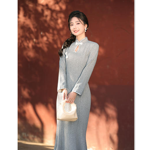 纯色针织条绒长款鱼尾时尚改良新中式加绒旗袍GX-273093 商品图1