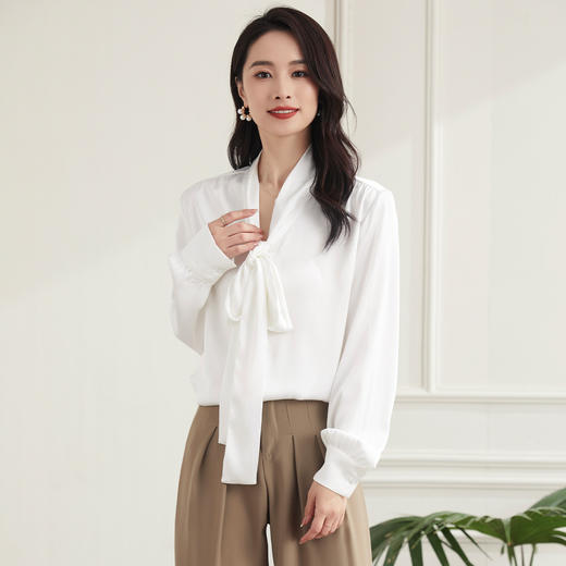 【知性优雅】罗蒙四季款女士长袖衬衫系带领结简约日常百搭清新衬衫女 商品图1
