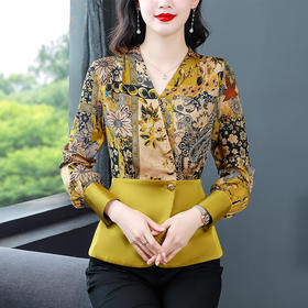 KQLA83N6918缎面印花衬衫女2024春季新款长袖衬衣气质西装领上衣收腰显瘦上衣