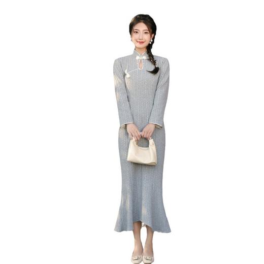 纯色针织条绒长款鱼尾时尚改良新中式加绒旗袍GX-273093 商品图4