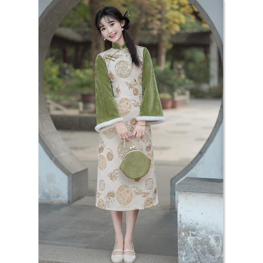 雪尼尔加绒倒大袖拼接时尚改良新中式少女旗袍GX-35535 商品图0