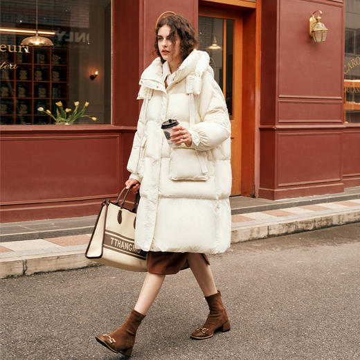 欧芮儿时尚宽松连帽系带长款羽绒服 商品图1