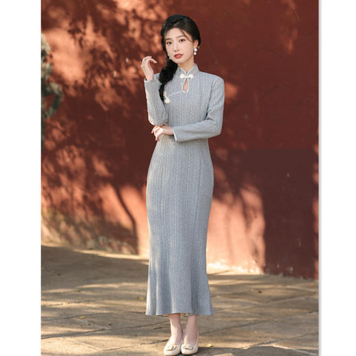 纯色针织条绒长款鱼尾时尚改良新中式加绒旗袍GX-273093 商品图3