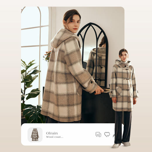 欧芮儿格纹牛角扣连帽双面呢外套复古学院风 商品图4