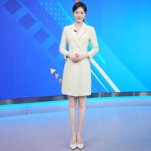 IWY/淡黄色播音艺考主持人正装女双排扣西装连衣裙七分袖上镜装olQ973 商品图1