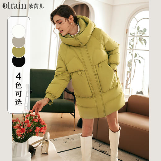 OLrain欧芮儿绿色中长款羽绒服女秋冬2024年新款时尚宽松显瘦棉服 商品图0
