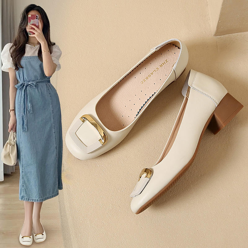 ZHR乐福鞋女2025春季新款复古粗跟法式系带休闲百搭粗跟浅口单鞋