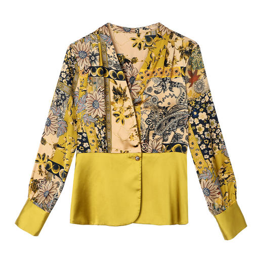 KQLA83N6918缎面印花衬衫女2024春季新款长袖衬衣气质西装领上衣收腰显瘦上衣 商品图4