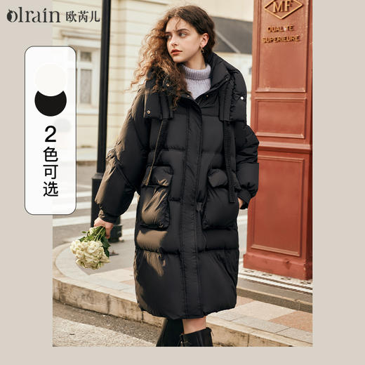 欧芮儿时尚宽松连帽系带长款羽绒服 商品图0