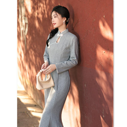 纯色针织条绒长款鱼尾时尚改良新中式加绒旗袍GX-273093 商品图0