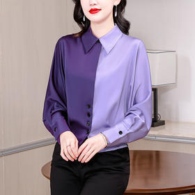 KQL-6917复古感撞色法式紫色衬衫女装2024春季新款别致收腰长袖上衣