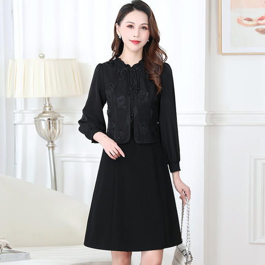 国风优雅，新款圆领长袖中长款A字裙时尚假两件洋气连衣裙QYM-XYKL-MB4A08-L 商品图1
