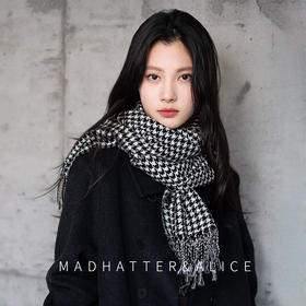 WJ125 疯帽子与爱丽丝纯羊毛千鸟格围巾 黑白逛街保暖披肩长款围脖潮秋冬23新品