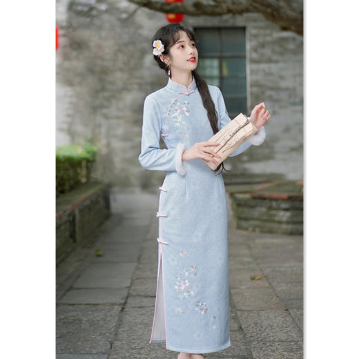 复古国风，针织加绒绣花长款改良旗袍裙GX-35534 商品图0