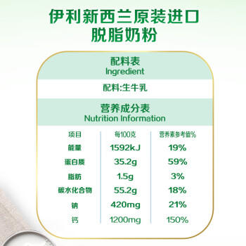 伊利新西兰进口脱脂奶粉 成人奶粉 营养品 送礼 原生高钙高蛋白 1kg 商品图3