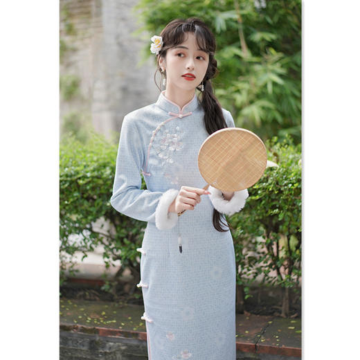 复古国风，针织加绒绣花长款改良旗袍裙GX-35534 商品图2