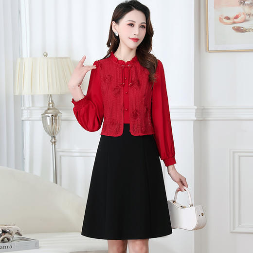 国风优雅，新款圆领长袖中长款A字裙时尚假两件洋气连衣裙QYM-XYKL-MB4A08-L 商品图0