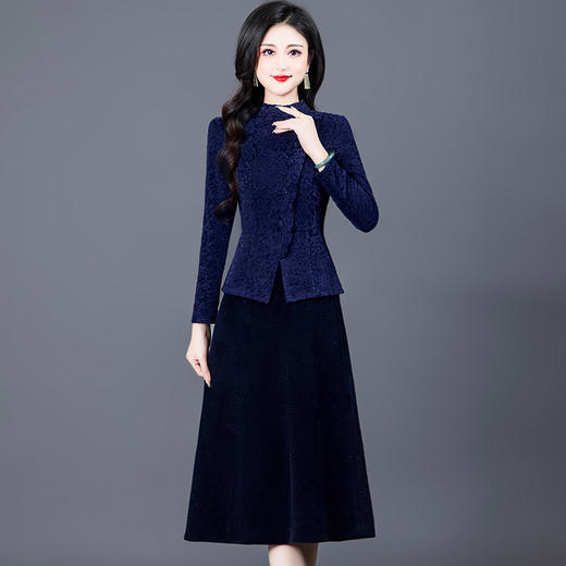 时尚气质，网纱蕾丝拼结假两件中长裙女装厚款长袖连衣裙QYM-KED-H1611-Y 商品图0