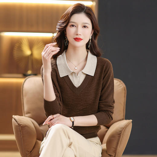 假两件羊毛衫100纯羊毛女士毛衣翻领新款洋气内搭打底衫CC-13-8547 商品图1
