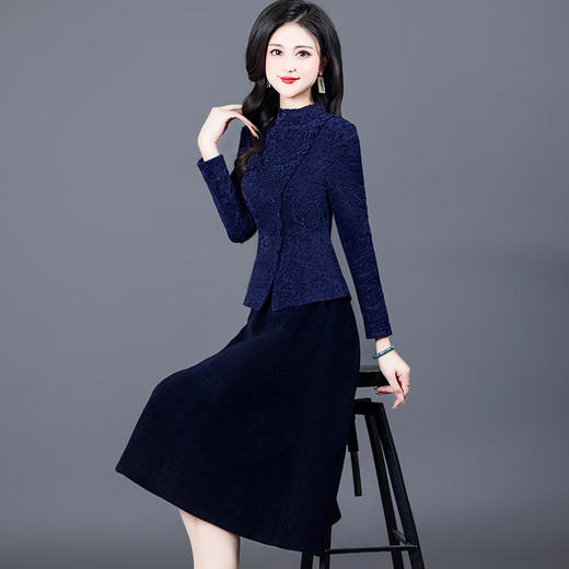 时尚气质，网纱蕾丝拼结假两件中长裙女装厚款长袖连衣裙QYM-KED-H1611-Y 商品图1