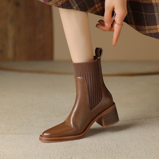 牛皮粗跟短靴，女秋季女靴英伦风马丁靴粗跟中跟裸靴复古女鞋DTN-X906-5 商品图4