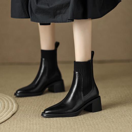 牛皮粗跟短靴，女秋季女靴英伦风马丁靴粗跟中跟裸靴复古女鞋DTN-X906-5 商品图1