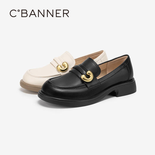 千百度通勤乐福鞋春季黑色小皮鞋中跟一脚蹬真皮正装单鞋A24132908 商品图1