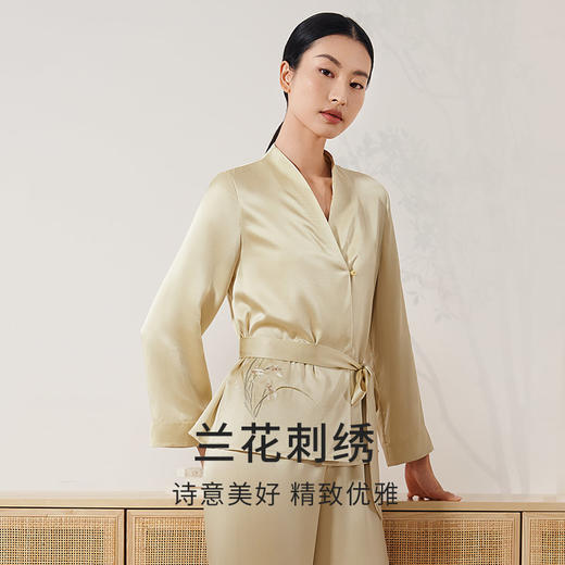 金三塔重磅真丝睡衣女100%桑蚕丝新中式植物染刺绣中式立领衣裤套  YSFEA206 商品图1
