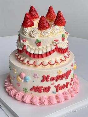 【2024新年蛋糕】复古手绘草莓双层蛋糕