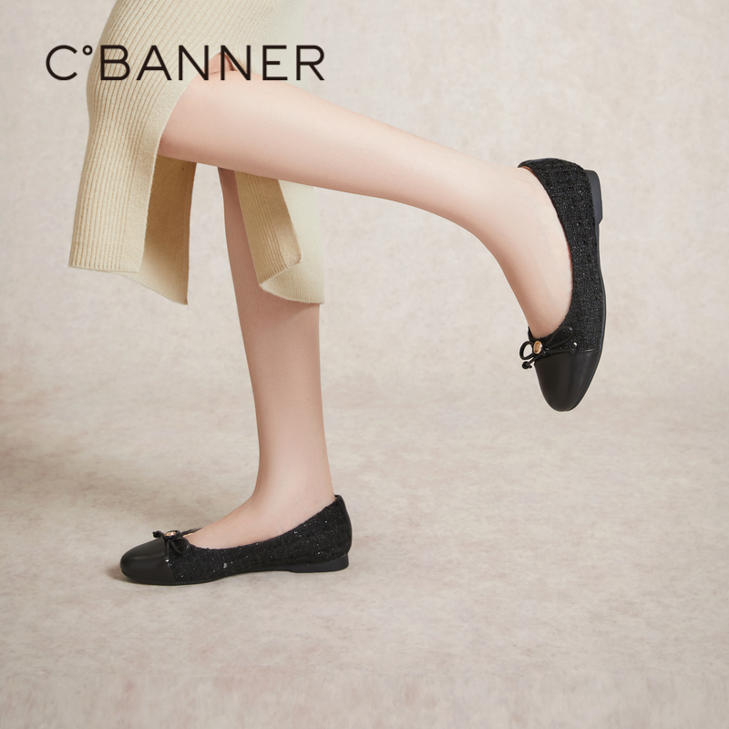 千百度小香风单鞋女春季浅口平底鞋拼接晚晚鞋轻便休闲A24138001