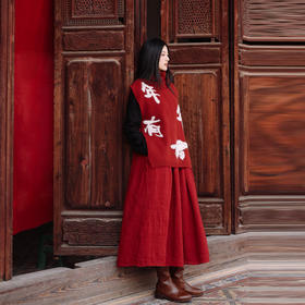 绽放008朵/【年服系列】高领亚麻棉黑红拼色双层宽松棉麻连衣裙