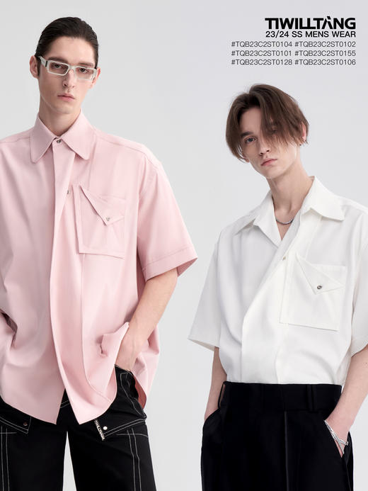 TIWILLTANG启世录“圣杯”立体门襟短袖黑白纯色休闲宽松衬衫男夏 商品图3